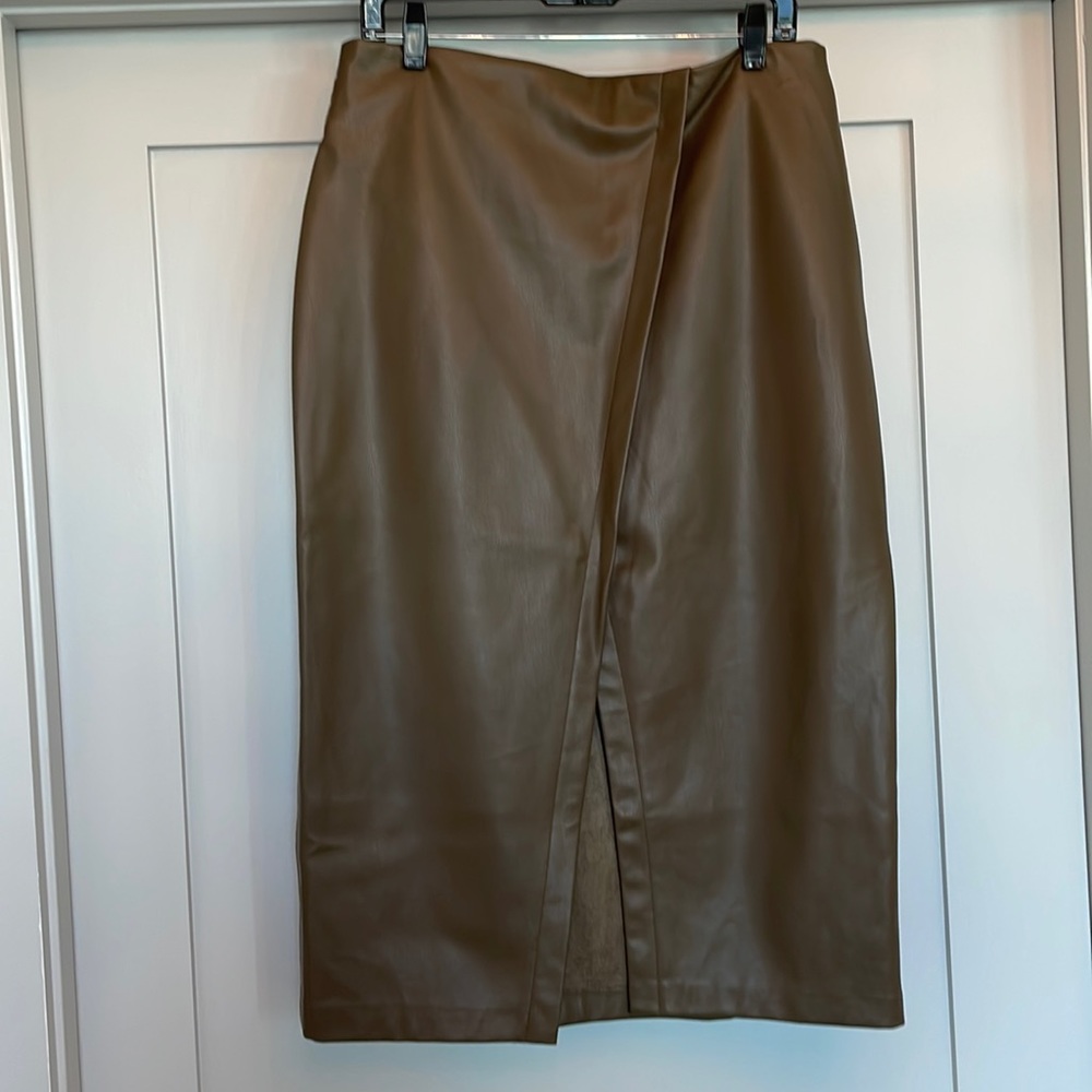 Zara olive green wrap front faux leather skirt